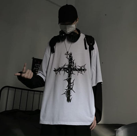 Tyadorw Unisex Goth Shirt Y2K Skeleton Shirt Long Sleeve Baggy Shirts Dark Academia Streetwear Grunge Clothes (Grey,Medium)