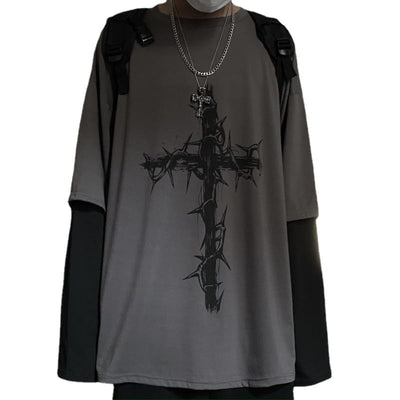 Tyadorw Unisex Goth Shirt Y2K Skeleton Shirt Long Sleeve Baggy Shirts Dark Academia Streetwear Grunge Clothes (Grey,Medium)