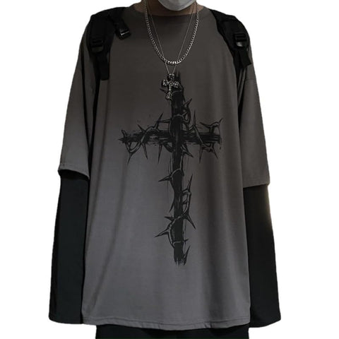 Tyadorw Unisex Goth Shirt Y2K Skeleton Shirt Long Sleeve Baggy Shirts Dark Academia Streetwear Grunge Clothes (Grey,Medium)