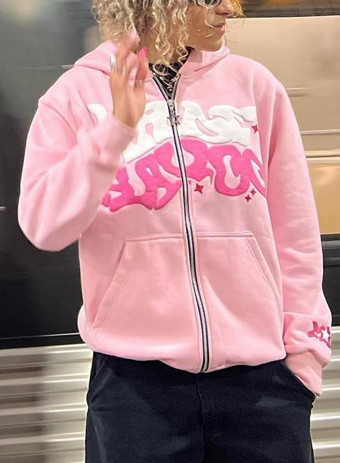 ZENMANCHEN Y2k Hoodies Puff Print Hoodie Grunge Graphic Zip Up Hoodies Y2k Jacket Hip Hop Streetwear Aesthetic Sweatshirts (US, Alpha, Large, Regular, Regular, 1-black)