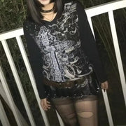 Grunge Shirts Emo Clothe Teen Girls Vintage Graphic Tee Y2k 2000s Goth Top Women Mcbling Long Sleeve Streetwear (Black Purple,Small)