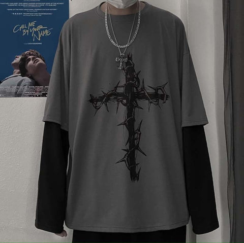 Tyadorw Unisex Goth Shirt Y2K Skeleton Shirt Long Sleeve Baggy Shirts Dark Academia Streetwear Grunge Clothes (Grey,Medium)