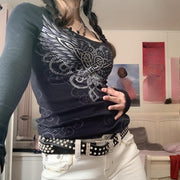 Grunge Shirts Emo Clothe Teen Girls Vintage Graphic Tee Y2k 2000s Goth Top Women Mcbling Long Sleeve Streetwear (Black Purple,Small)