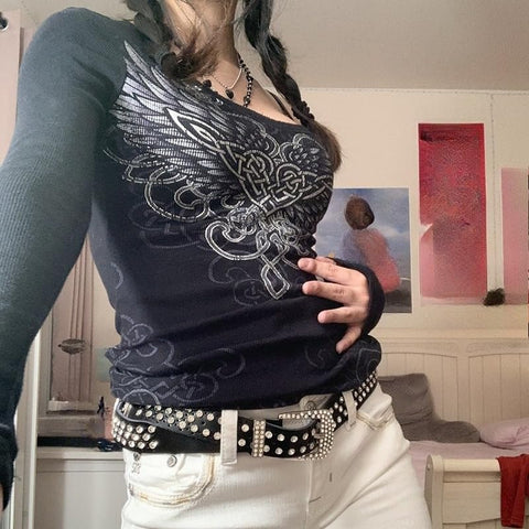 Grunge Shirts Emo Clothe Teen Girls Vintage Graphic Tee Y2k 2000s Goth Top Women Mcbling Long Sleeve Streetwear (Black Purple,Small)