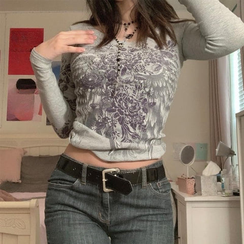 Grunge Shirts Emo Clothe Teen Girls Vintage Graphic Tee Y2k 2000s Goth Top Women Mcbling Long Sleeve Streetwear (Black Purple,Small)