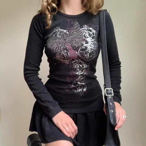 Grunge Shirts Emo Clothe Teen Girls Vintage Graphic Tee Y2k 2000s Goth Top Women Mcbling Long Sleeve Streetwear (Black Purple,Small)