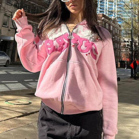 ZENMANCHEN Y2k Hoodies Puff Print Hoodie Grunge Graphic Zip Up Hoodies Y2k Jacket Hip Hop Streetwear Aesthetic Sweatshirts (US, Alpha, Large, Regular, Regular, 1-black)