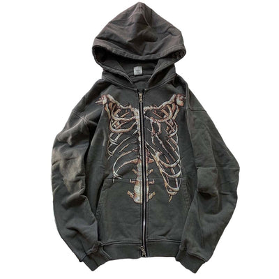 MLAFE Gothic Hooded Sweater Retro Bone Print Hooded sweatshirt Y2K zip-up jacket Grunge Hooded Sweater Harajuku upper garment (M)