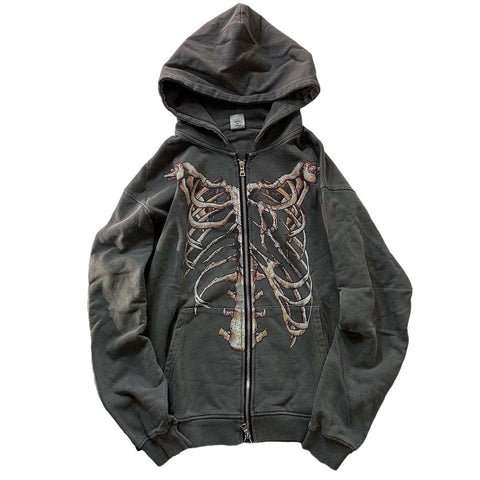 MLAFE Gothic Hooded Sweater Retro Bone Print Hooded sweatshirt Y2K zip-up jacket Grunge Hooded Sweater Harajuku upper garment (M)