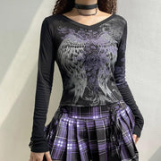 Grunge Shirts Emo Clothe Teen Girls Vintage Graphic Tee Y2k 2000s Goth Top Women Mcbling Long Sleeve Streetwear (Black Purple,Small)