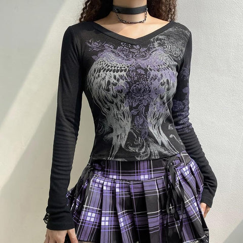 Grunge Shirts Emo Clothe Teen Girls Vintage Graphic Tee Y2k 2000s Goth Top Women Mcbling Long Sleeve Streetwear (Black Purple,Small)