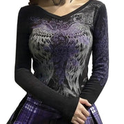 Grunge Shirts Emo Clothe Teen Girls Vintage Graphic Tee Y2k 2000s Goth Top Women Mcbling Long Sleeve Streetwear (Black Purple,Small)