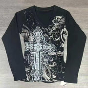 Grunge Shirts Emo Clothe Teen Girls Vintage Graphic Tee Y2k 2000s Goth Top Women Mcbling Long Sleeve Streetwear (Black Purple,Small)