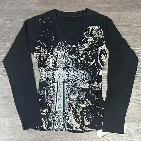 Grunge Shirts Emo Clothe Teen Girls Vintage Graphic Tee Y2k 2000s Goth Top Women Mcbling Long Sleeve Streetwear (Black Purple,Small)