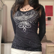 Grunge Shirts Emo Clothe Teen Girls Vintage Graphic Tee Y2k 2000s Goth Top Women Mcbling Long Sleeve Streetwear (Black Purple,Small)