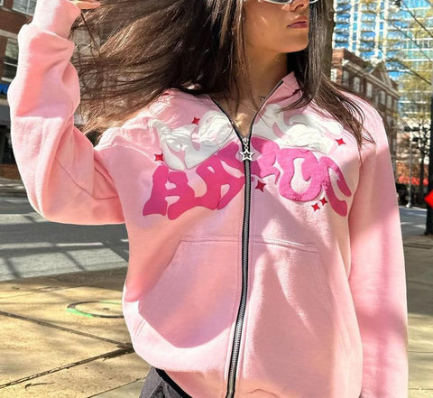 ZENMANCHEN Y2k Hoodies Puff Print Hoodie Grunge Graphic Zip Up Hoodies Y2k Jacket Hip Hop Streetwear Aesthetic Sweatshirts (US, Alpha, Large, Regular, Regular, 1-black)