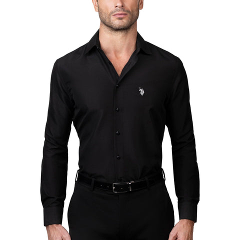 U.S. Polo Assn. Regular Fit Long Sleeve Button Down Dress Shirts for Men Wrinkle Free Long Sleeve Shirt Mens Formal Stretch Black Solid