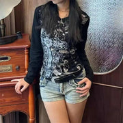 Grunge Shirts Emo Clothe Teen Girls Vintage Graphic Tee Y2k 2000s Goth Top Women Mcbling Long Sleeve Streetwear (Black Purple,Small)