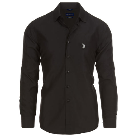 U.S. Polo Assn. Regular Fit Long Sleeve Button Down Dress Shirts for Men Wrinkle Free Long Sleeve Shirt Mens Formal Stretch Black Solid