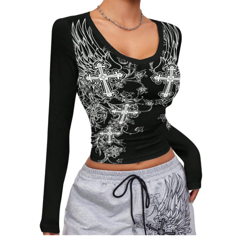 Grunge Shirts Emo Clothe Teen Girls Vintage Graphic Tee Y2k 2000s Goth Top Women Mcbling Long Sleeve Streetwear (Black Purple,Small)