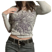 Grunge Shirts Emo Clothe Teen Girls Vintage Graphic Tee Y2k 2000s Goth Top Women Mcbling Long Sleeve Streetwear (Black Purple,Small)