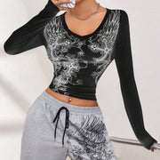 Grunge Shirts Emo Clothe Teen Girls Vintage Graphic Tee Y2k 2000s Goth Top Women Mcbling Long Sleeve Streetwear (Black Purple,Small)