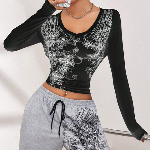 Grunge Shirts Emo Clothe Teen Girls Vintage Graphic Tee Y2k 2000s Goth Top Women Mcbling Long Sleeve Streetwear (Black Purple,Small)