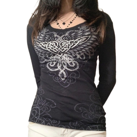 Grunge Shirts Emo Clothe Teen Girls Vintage Graphic Tee Y2k 2000s Goth Top Women Mcbling Long Sleeve Streetwear (Black Purple,Small)