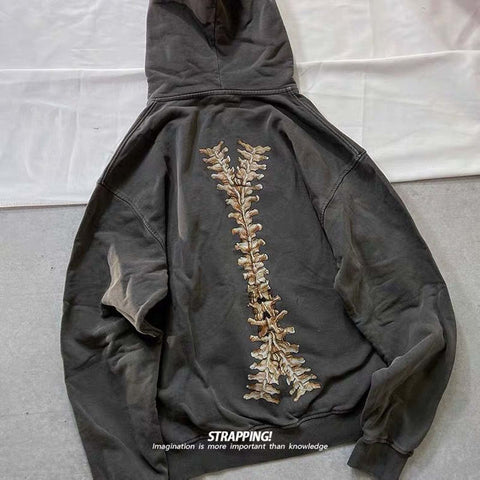 MLAFE Gothic Hooded Sweater Retro Bone Print Hooded sweatshirt Y2K zip-up jacket Grunge Hooded Sweater Harajuku upper garment (M)