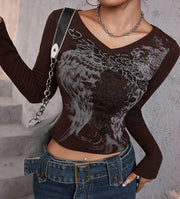 Grunge Shirts Emo Clothe Teen Girls Vintage Graphic Tee Y2k 2000s Goth Top Women Mcbling Long Sleeve Streetwear (Black Purple,Small)