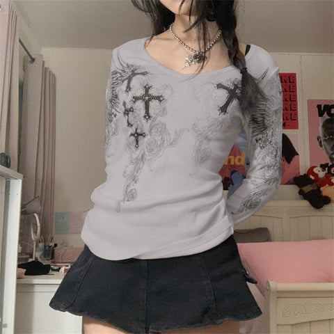 NaranjaBurbuja Y2k Fairy Grunge Graphic Long Sleeve Tees Tops Women E-Girls Aesthetic Gothic Skull Print Baggy T Shirts Emo Clothes 0-black Retro Fashion Uiui