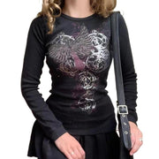 Grunge Shirts Emo Clothe Teen Girls Vintage Graphic Tee Y2k 2000s Goth Top Women Mcbling Long Sleeve Streetwear (Black Purple,Small)