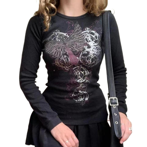 Grunge Shirts Emo Clothe Teen Girls Vintage Graphic Tee Y2k 2000s Goth Top Women Mcbling Long Sleeve Streetwear (Black Purple,Small)