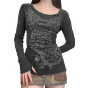 Grunge Shirts Emo Clothe Teen Girls Vintage Graphic Tee Y2k 2000s Goth Top Women Mcbling Long Sleeve Streetwear (Black Purple,Small)