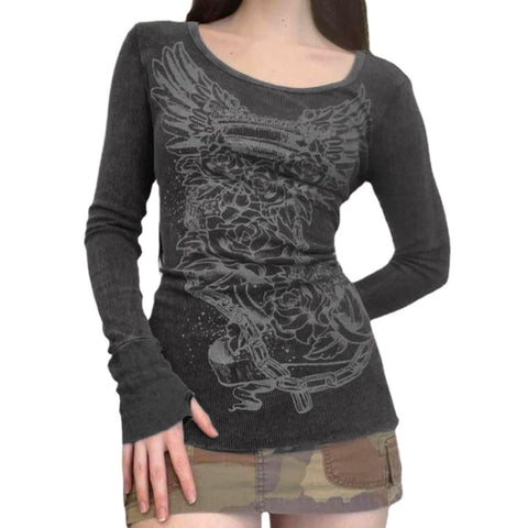 Grunge Shirts Emo Clothe Teen Girls Vintage Graphic Tee Y2k 2000s Goth Top Women Mcbling Long Sleeve Streetwear (Black Purple,Small)