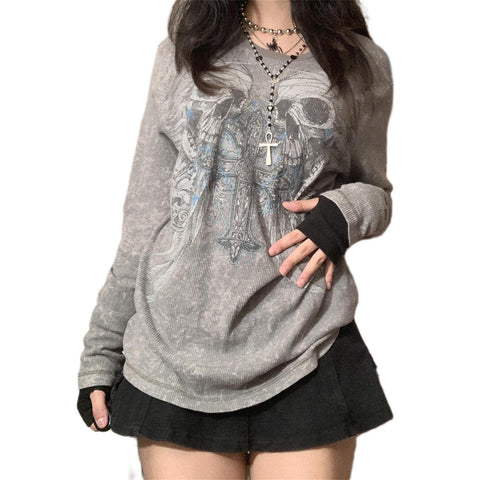 NaranjaBurbuja Y2k Fairy Grunge Graphic Long Sleeve Tees Tops Women E-Girls Aesthetic Gothic Skull Print Baggy T Shirts Emo Clothes 0-black Retro Fashion Uiui