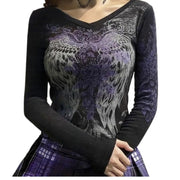 Grunge Shirts Emo Clothe Teen Girls Vintage Graphic Tee Y2k 2000s Goth Top Women Mcbling Long Sleeve Streetwear (Black Purple,Small)