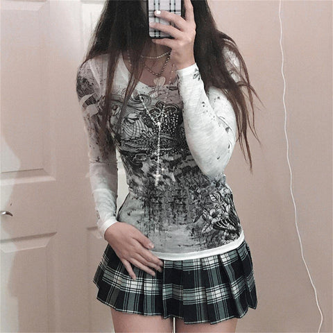 NaranjaBurbuja Y2k Fairy Grunge Graphic Long Sleeve Tees Tops Women E-Girls Aesthetic Gothic Skull Print Baggy T Shirts Emo Clothes 0-black Retro Fashion Uiui