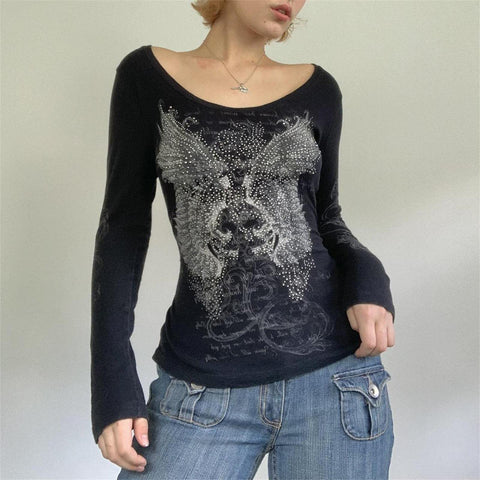 NaranjaBurbuja Y2k Fairy Grunge Graphic Long Sleeve Tees Tops Women E-Girls Aesthetic Gothic Skull Print Baggy T Shirts Emo Clothes 0-black Retro Fashion Uiui