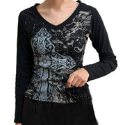 Grunge Shirts Emo Clothe Teen Girls Vintage Graphic Tee Y2k 2000s Goth Top Women Mcbling Long Sleeve Streetwear (Black Purple,Small)