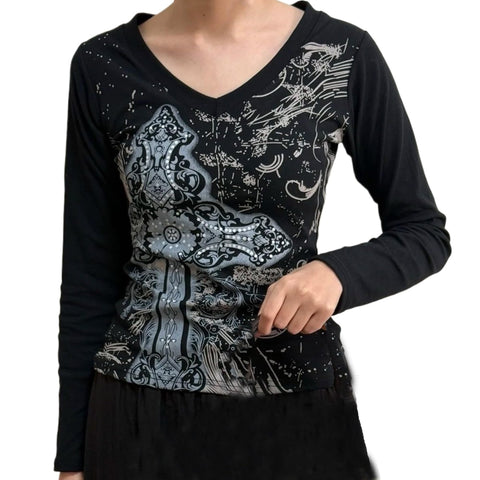 Grunge Shirts Emo Clothe Teen Girls Vintage Graphic Tee Y2k 2000s Goth Top Women Mcbling Long Sleeve Streetwear (Black Purple,Small)