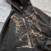 MLAFE Gothic Hooded Sweater Retro Bone Print Hooded sweatshirt Y2K zip-up jacket Grunge Hooded Sweater Harajuku upper garment (M)