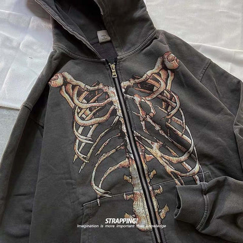 MLAFE Gothic Hooded Sweater Retro Bone Print Hooded sweatshirt Y2K zip-up jacket Grunge Hooded Sweater Harajuku upper garment (M)