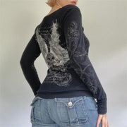 NaranjaBurbuja Y2k Fairy Grunge Graphic Long Sleeve Tees Tops Women E-Girls Aesthetic Gothic Skull Print Baggy T Shirts Emo Clothes 0-black Retro Fashion Uiui