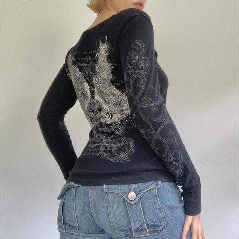 NaranjaBurbuja Y2k Fairy Grunge Graphic Long Sleeve Tees Tops Women E-Girls Aesthetic Gothic Skull Print Baggy T Shirts Emo Clothes 0-black Retro Fashion Uiui