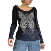 NaranjaBurbuja Y2k Fairy Grunge Graphic Long Sleeve Tees Tops Women E-Girls Aesthetic Gothic Skull Print Baggy T Shirts Emo Clothes 0-black Retro Fashion Uiui