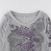 Grunge Shirts Emo Clothe Teen Girls Vintage Graphic Tee Y2k 2000s Goth Top Women Mcbling Long Sleeve Streetwear (Black Purple,Small)