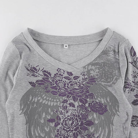 Grunge Shirts Emo Clothe Teen Girls Vintage Graphic Tee Y2k 2000s Goth Top Women Mcbling Long Sleeve Streetwear (Black Purple,Small)