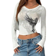 Grunge Shirts Emo Clothe Teen Girls Vintage Graphic Tee Y2k 2000s Goth Top Women Mcbling Long Sleeve Streetwear (Black Purple,Small)