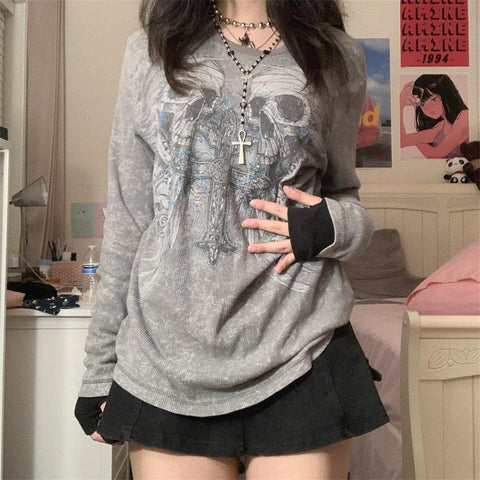 NaranjaBurbuja Y2k Fairy Grunge Graphic Long Sleeve Tees Tops Women E-Girls Aesthetic Gothic Skull Print Baggy T Shirts Emo Clothes 0-black Retro Fashion Uiui